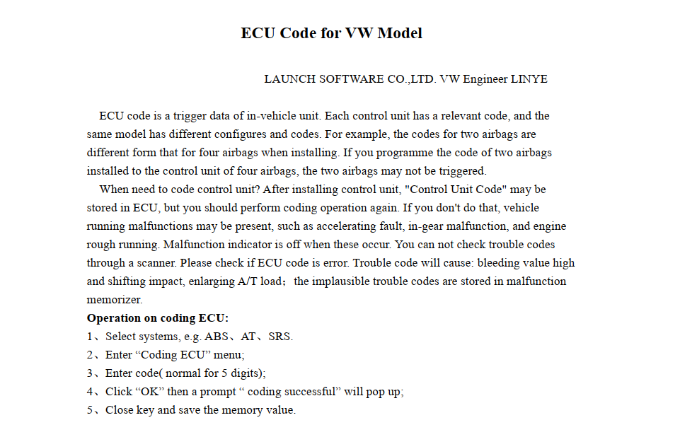 ECU code for VW model