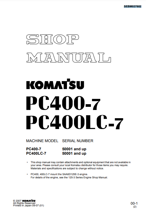Shop Manual PC 400-7, PC 400LC-7 50001