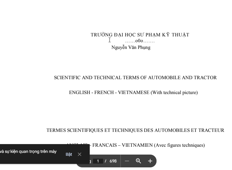 SCIENTIFIC AND TECHNICAL TERMS OF AUTOMOBILE AND TRACTOR  ENGLISH - FRENCH - VIETNAMESE (With technical picture)