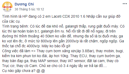 Daewoo Lacetti CDX 2010 1.6 đôi lúc đề dai khó nổ, garanti thấp, rung giật đuối máy. 1.PNG