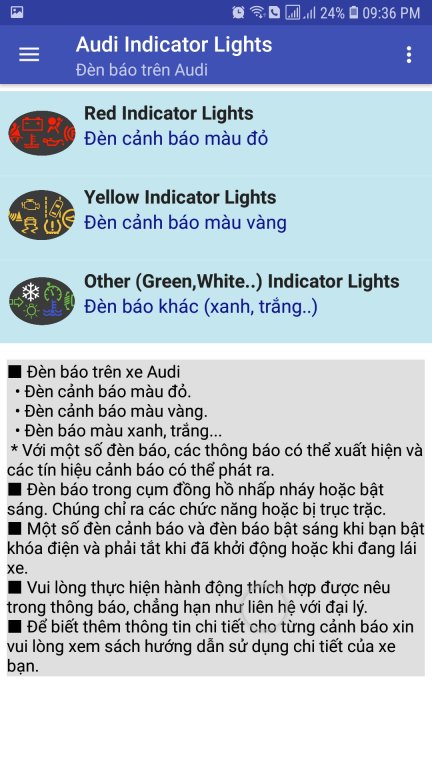 App Audi Warning Lights: ứng dụng các đèn cảnh báo của ô tô trên từng dòng xe
